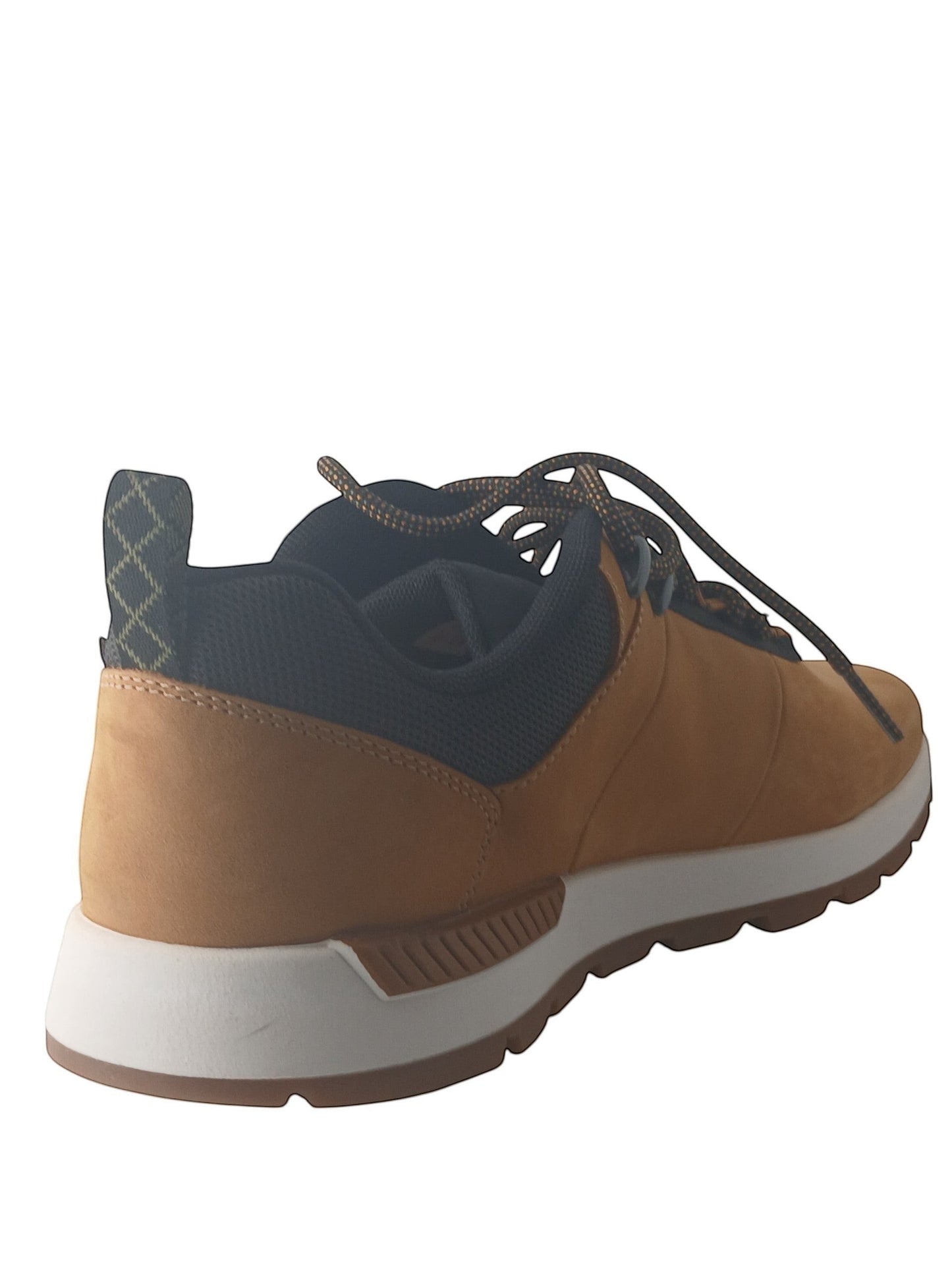 Department Store UK Timberland tan nubuck leather trainers with black mesh detail and white rubber sole, rear view.