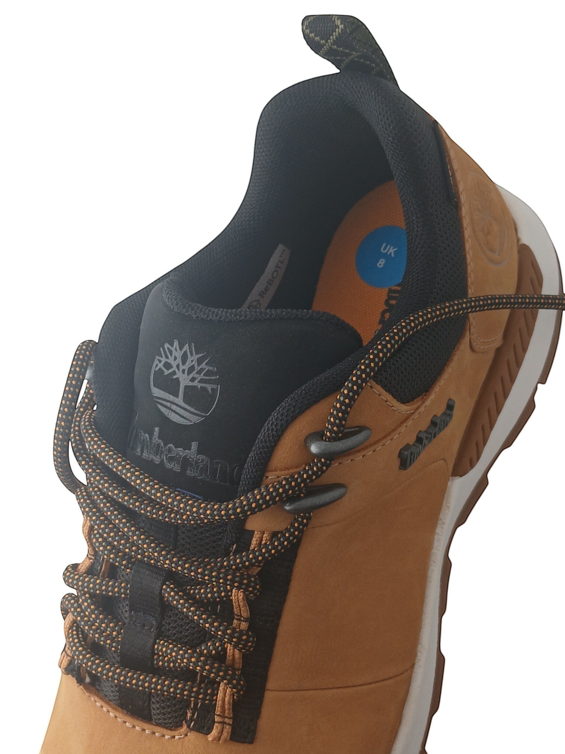 Department Store UK Timberland tan nubuck leather lace-up trainers with black mesh detailing and cushioned collar.