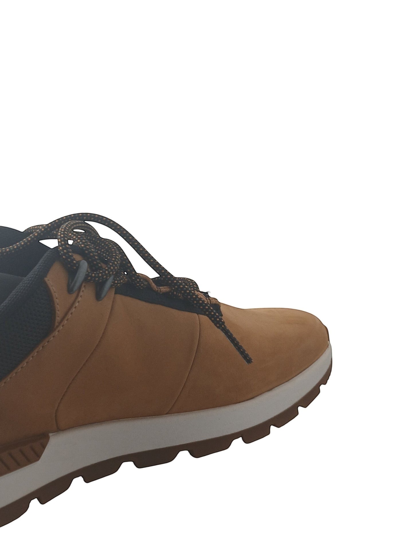Department Store UK Timberland tan nubuck leather trainers with black mesh details and a white rubber sole.