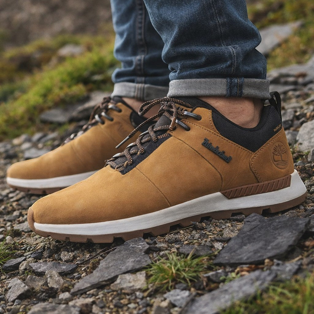 Department Store UK Timberland tan nubuck lace-up trainers with black mesh panels worn on rocky terrain