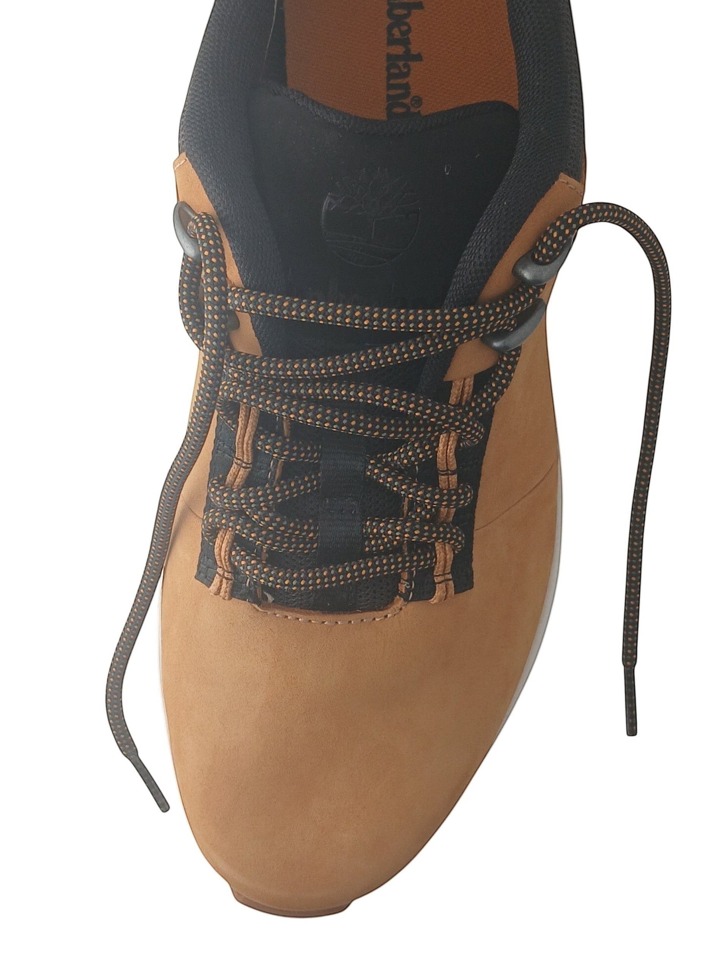 Department Store UK Timberland lace-up trainers in tan nubuck leather with black mesh details and patterned laces.