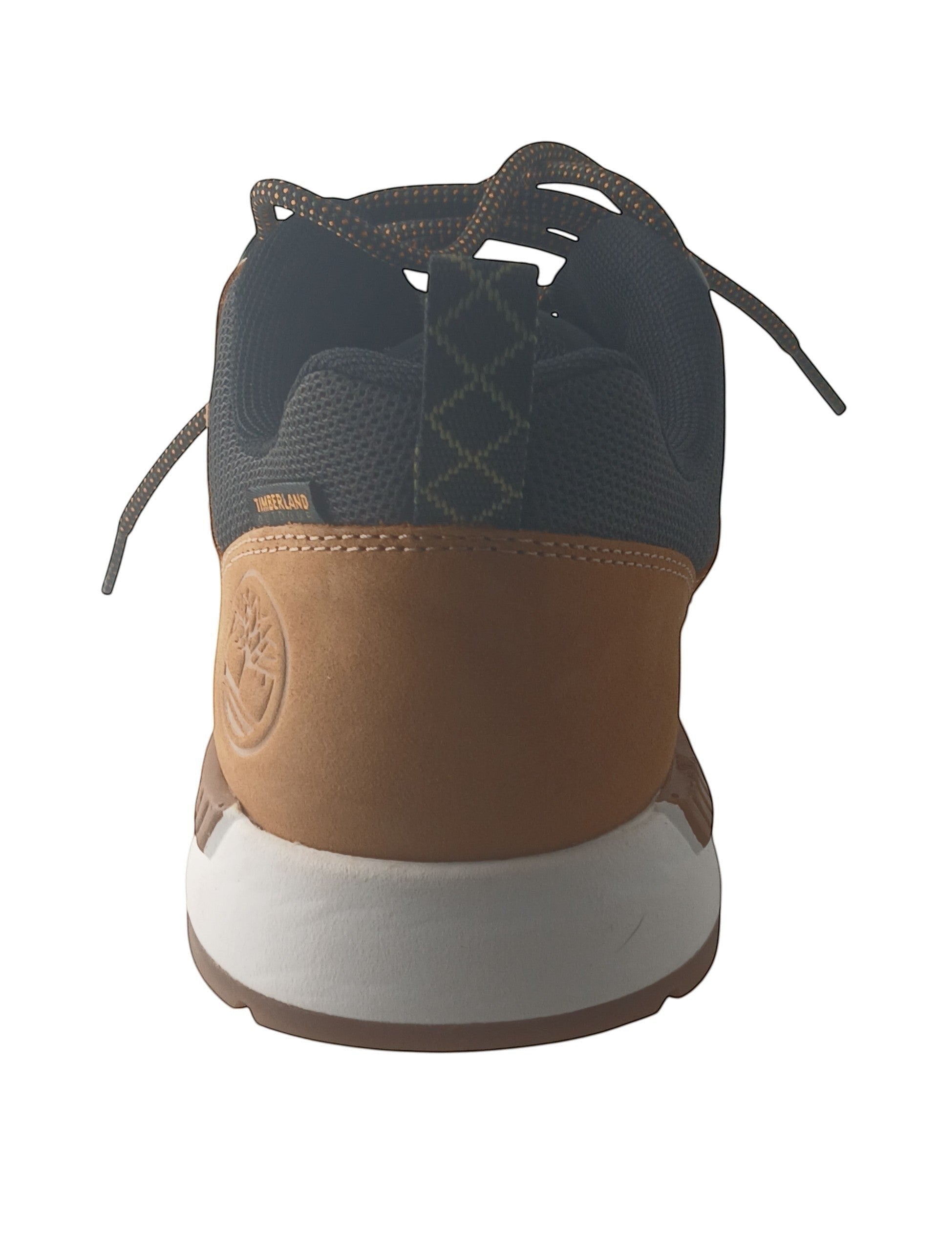 Department Store UK Timberland trainers in tan nubuck leather with black mesh and white midsole, rear view.