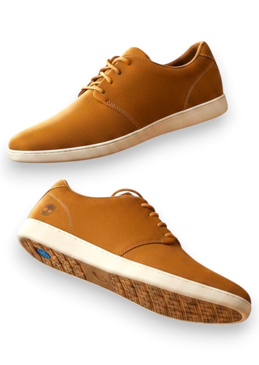 Department Store UK Timberland tan lace-up sneakers with white soles and embossed heel logo