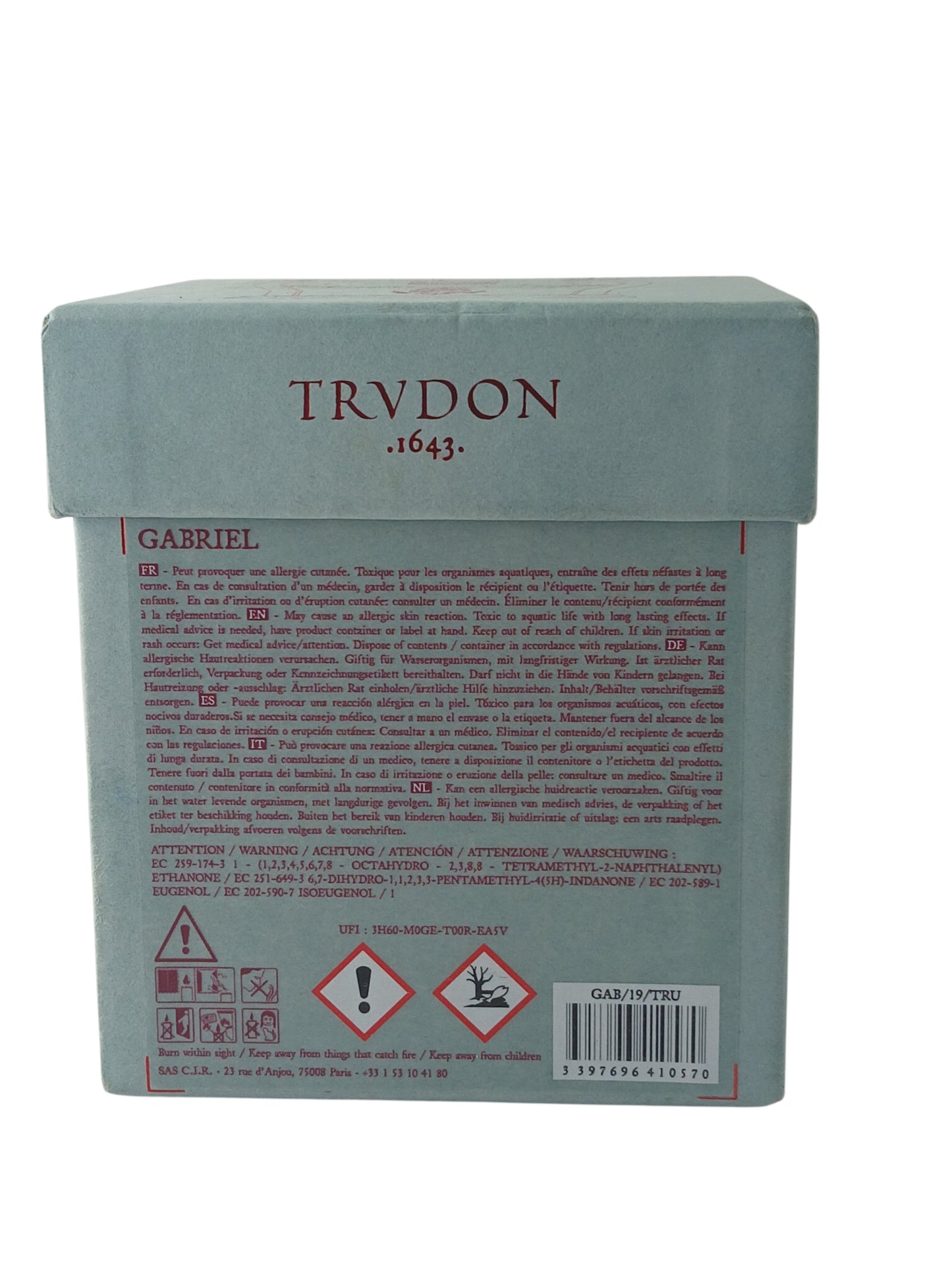 Department Store UK Trudon Gabriel scented candle box showing safety information and branding on a pale green base