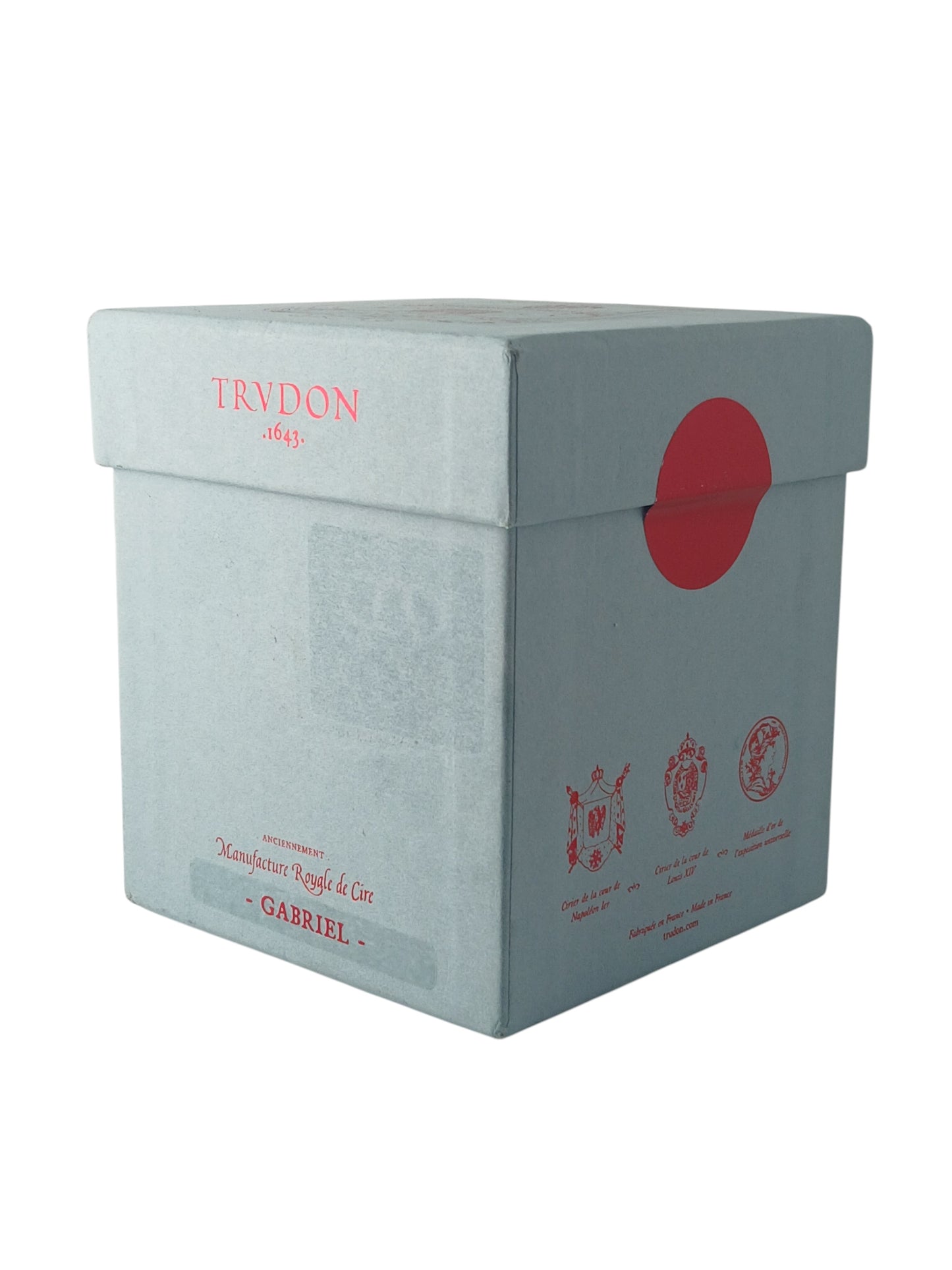 Department Store UK Trudon Gabriel scented candle box in light grey with red branding and royal crests