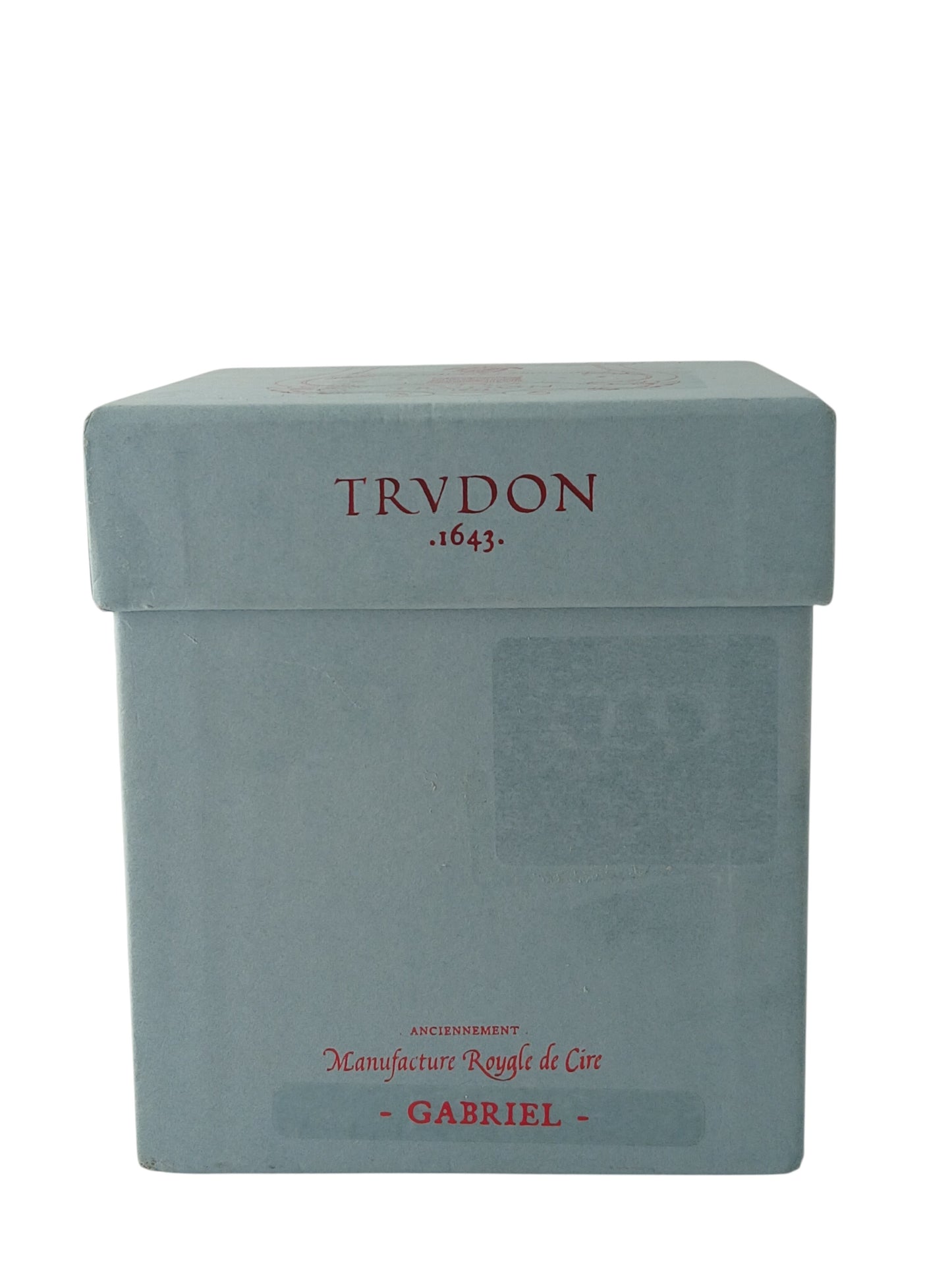 Department Store UK Trudon Gabriel scented candle box in light blue with red branding and logo.
