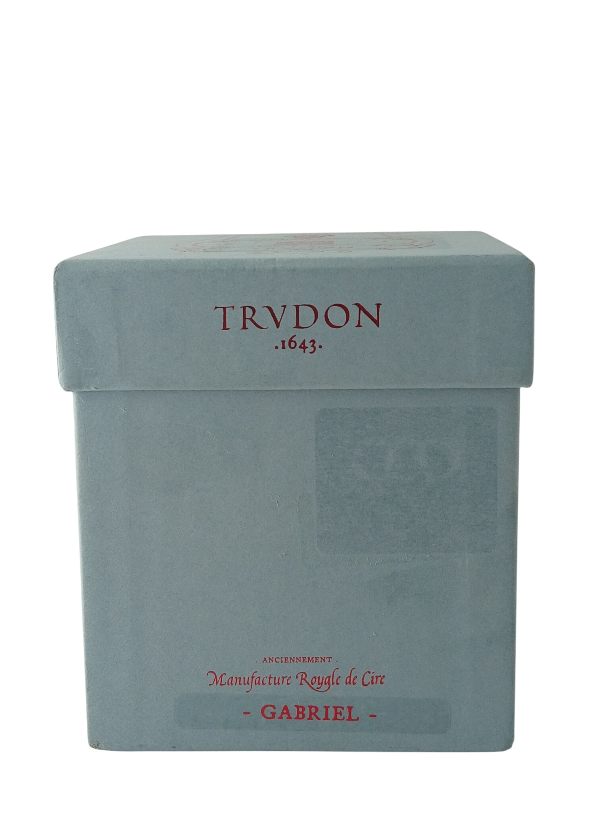 Department Store UK Trudon Gabriel scented candle box in light blue with red branding and logo.