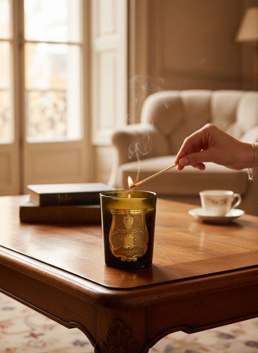 Department Store UK Trudon Gabriel scented candle in a green glass vessel with a gold label being lit on a wooden table