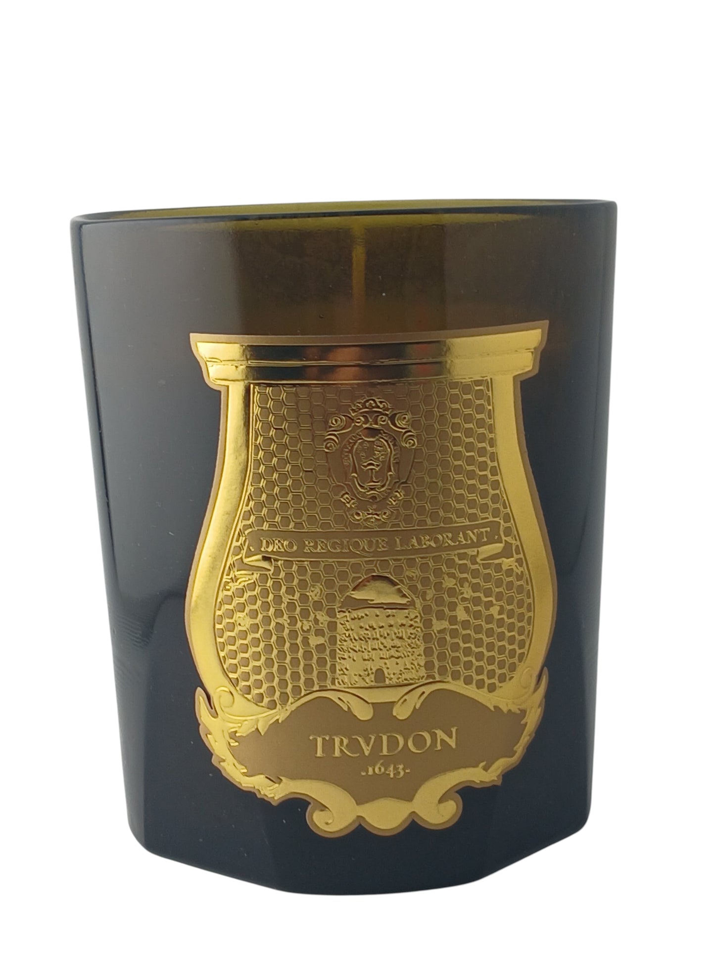Department Store UK Trudon Gabriel scented candle in a dark green glass vessel with a signature gold emblem label.
