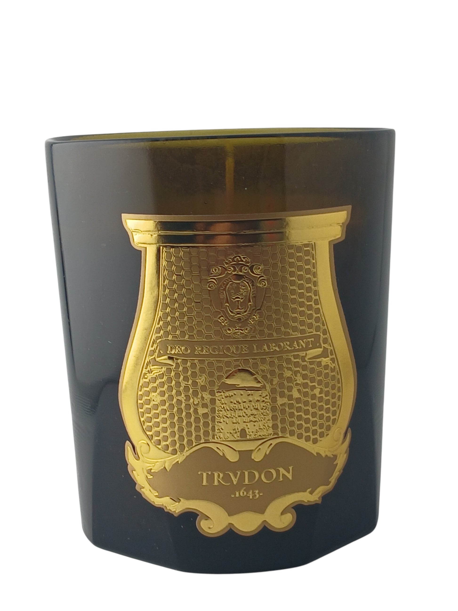 Department Store UK Trudon Gabriel scented candle in a dark green glass vessel with a signature gold emblem label.
