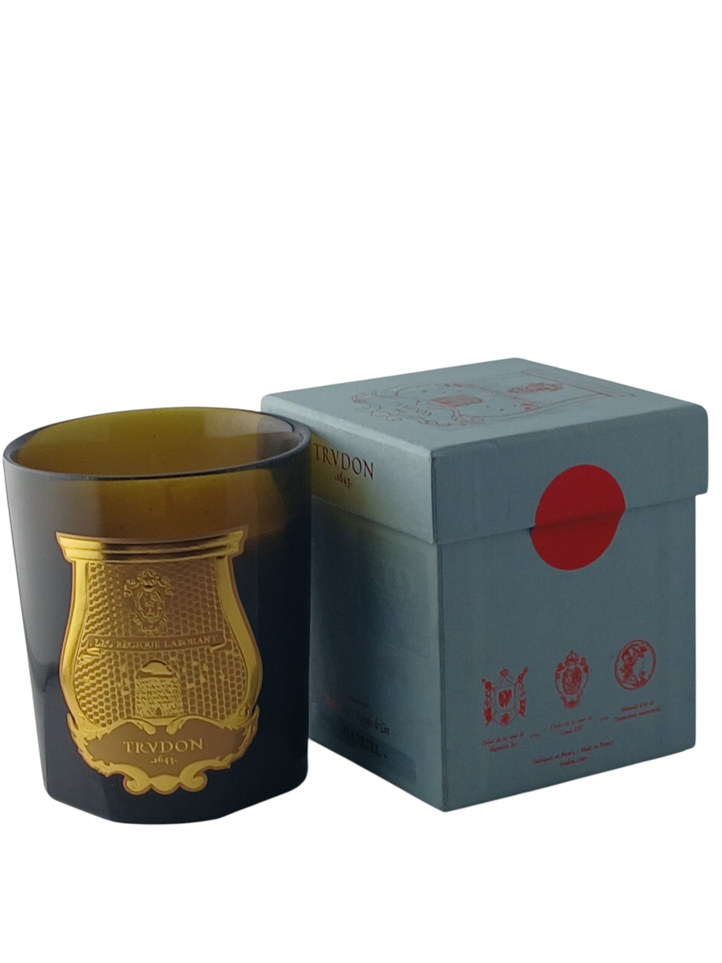 Department Store UK Trudon Gabriel scented candle in a dark green glass vessel with a gold label and matching box.