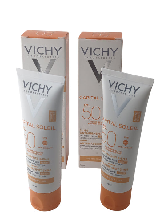 Department Store UK Vichy Capital Soleil SPF50 tinted anti-dark spot protective cream twin pack with boxes
