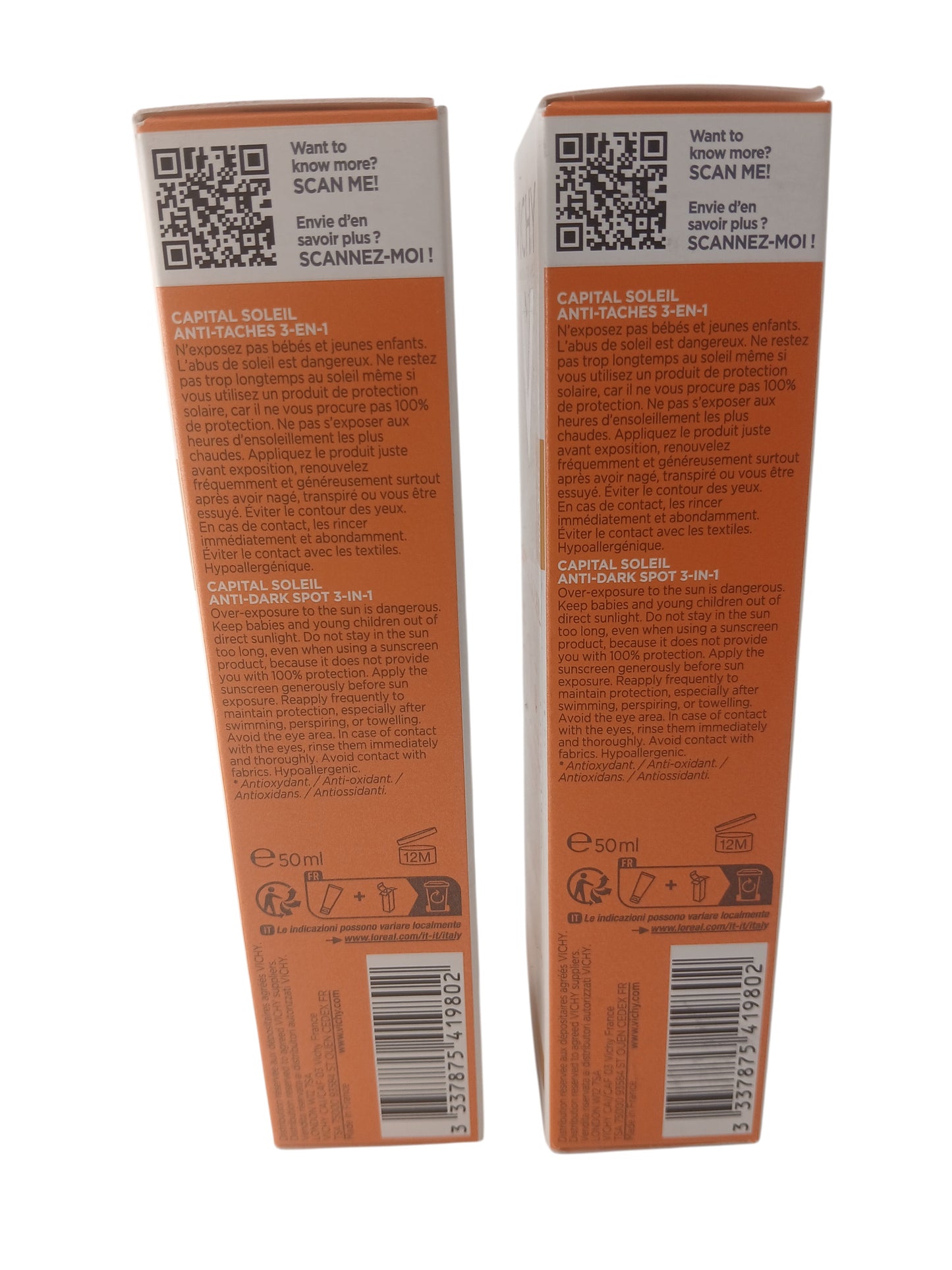 Department Store UK Vichy Capital Soleil Anti-Dark Spot 3-in-1 SPF50 tinted sunscreen twin pack boxes back view