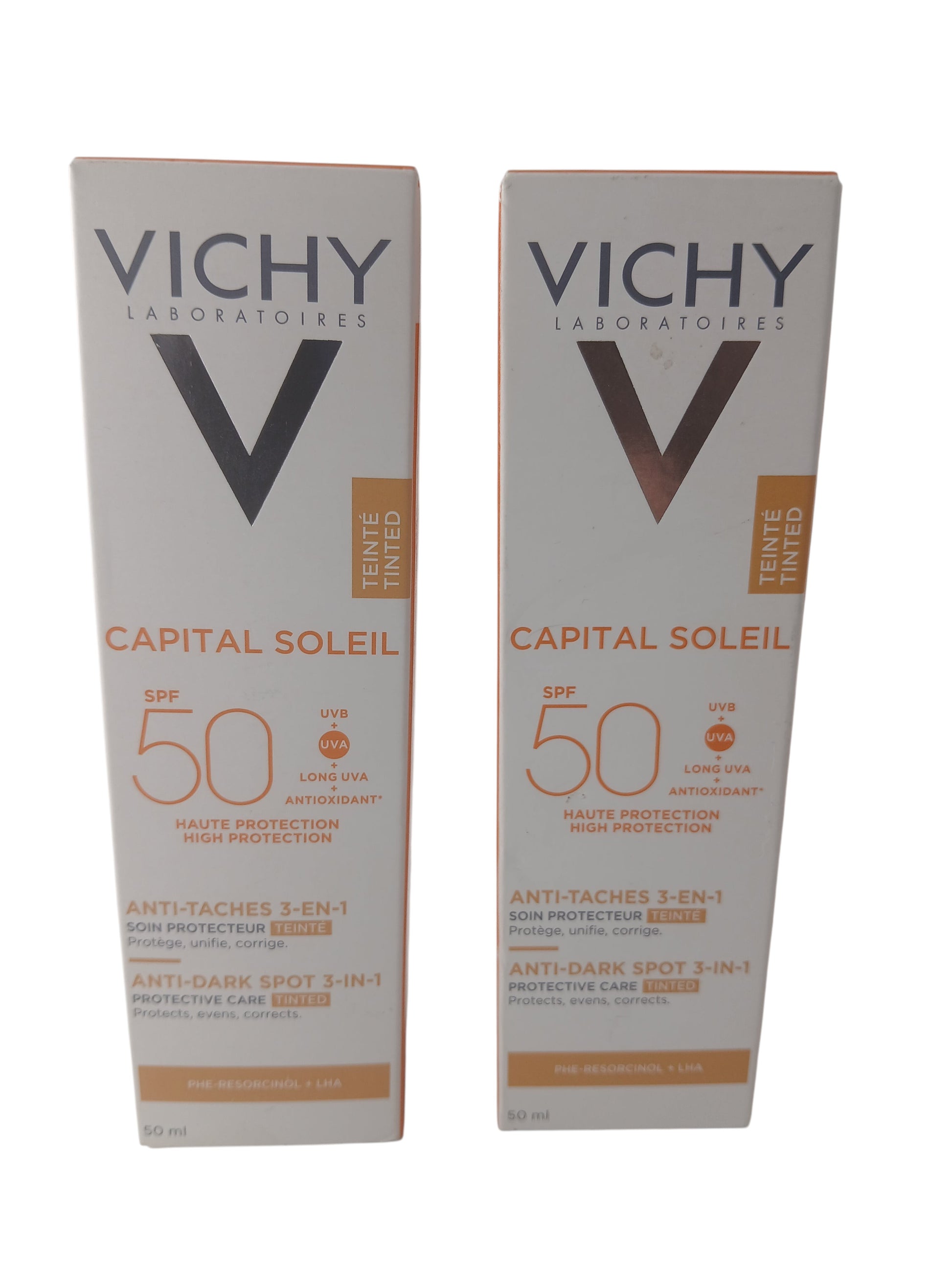 Department Store UK Vichy Capital Soleil Anti-Dark Spot 3-in-1 tinted SPF50 sunscreen twin pack boxes
