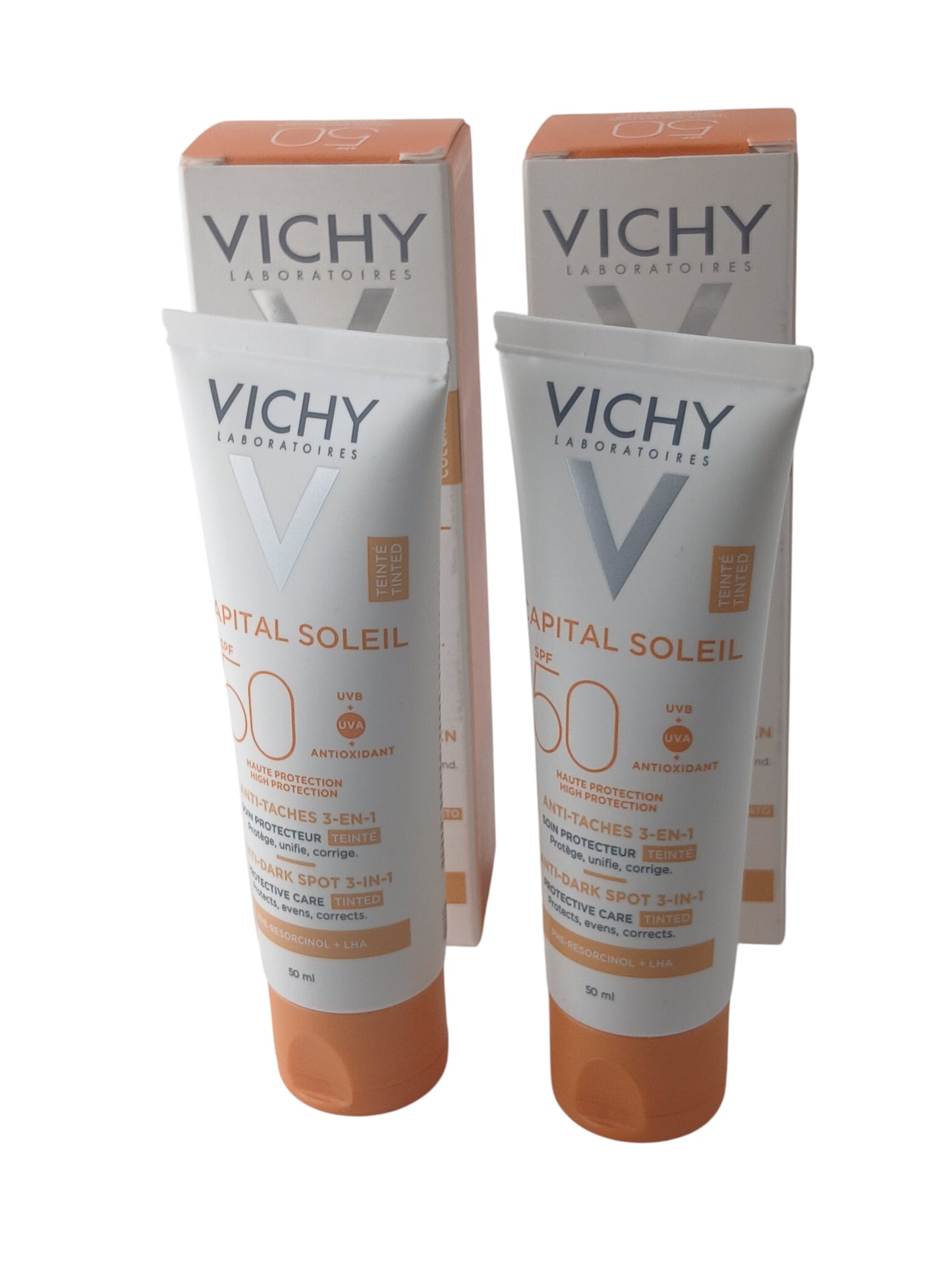 Department Store UK Vichy Capital Soleil Anti-Dark Spot 3-in-1 tinted SPF50 sunscreen twin pack with boxes