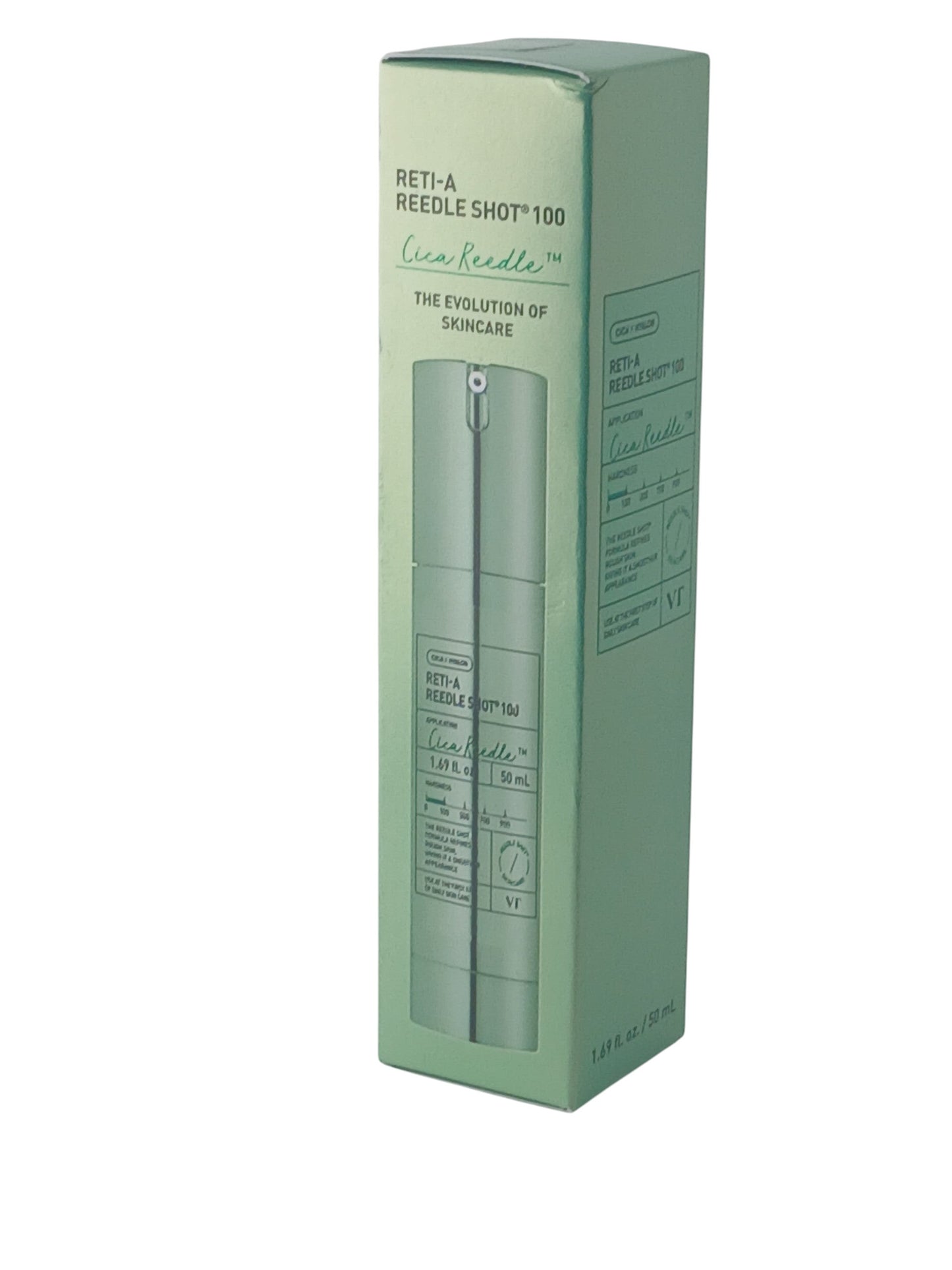 Department Store UK VT Cosmetics Ret-A Reedle Shot 100 facial serum in a light green rectangular box.