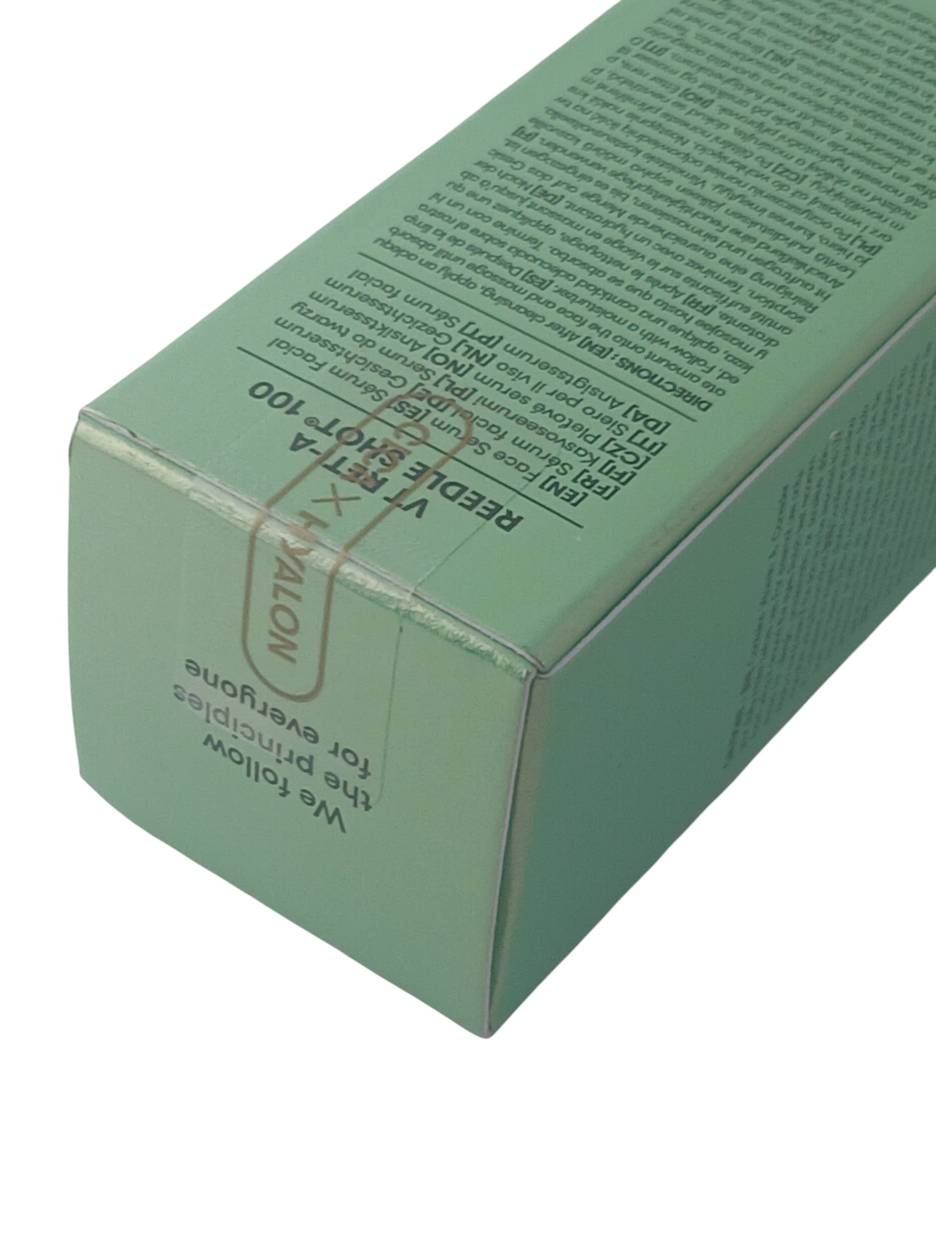Department Store UK VT Cosmetics Ret-A Reedle Shot 100 facial serum box in light green with product information text.