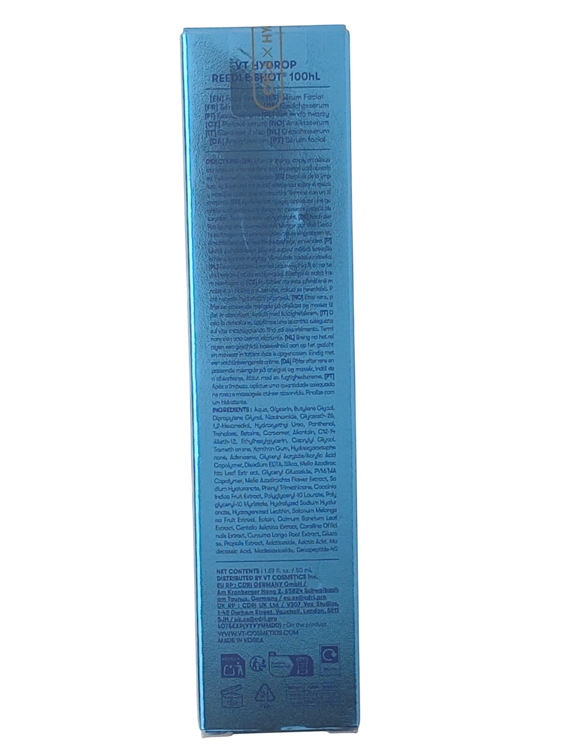 Department Store UK VT Hydrop Reedle Shot 100 facial serum in a metallic blue 50ml bottle, showing ingredient details.