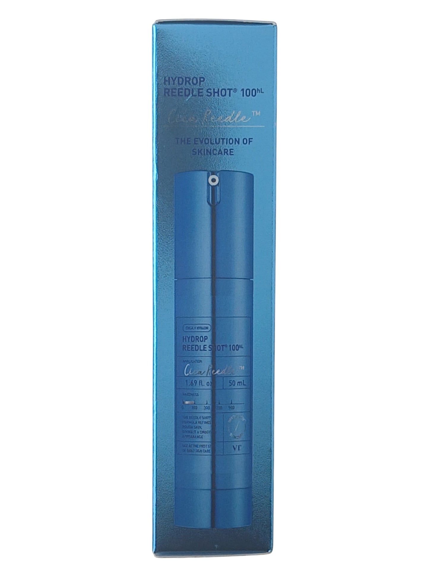 Department Store UK VT Hydrop Reedle Shot 100 facial serum in a metallic blue 50ml pump bottle for skin refinement.
