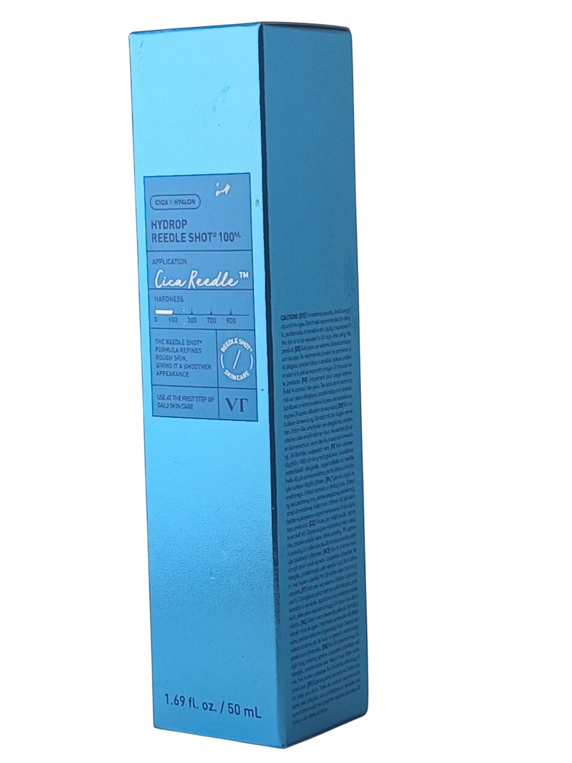 Department Store UK VT Hydrop Reedle Shot 100 facial serum in a metallic blue 50ml box with Cica and Hyalon formula.
