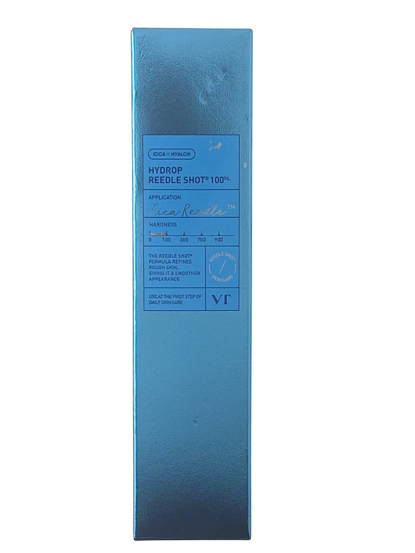 Department Store UK VT Hydrop Reedle Shot 100 facial serum in a metallic blue box for skin texture refinement.