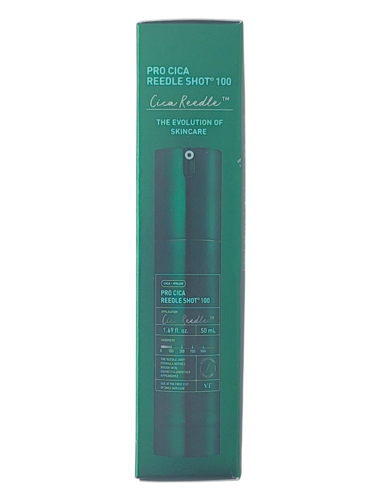 Department Store UK VT Pro Cica Reedle Shot 100 facial serum in a green 50ml pump bottle for skin texture refinement.
