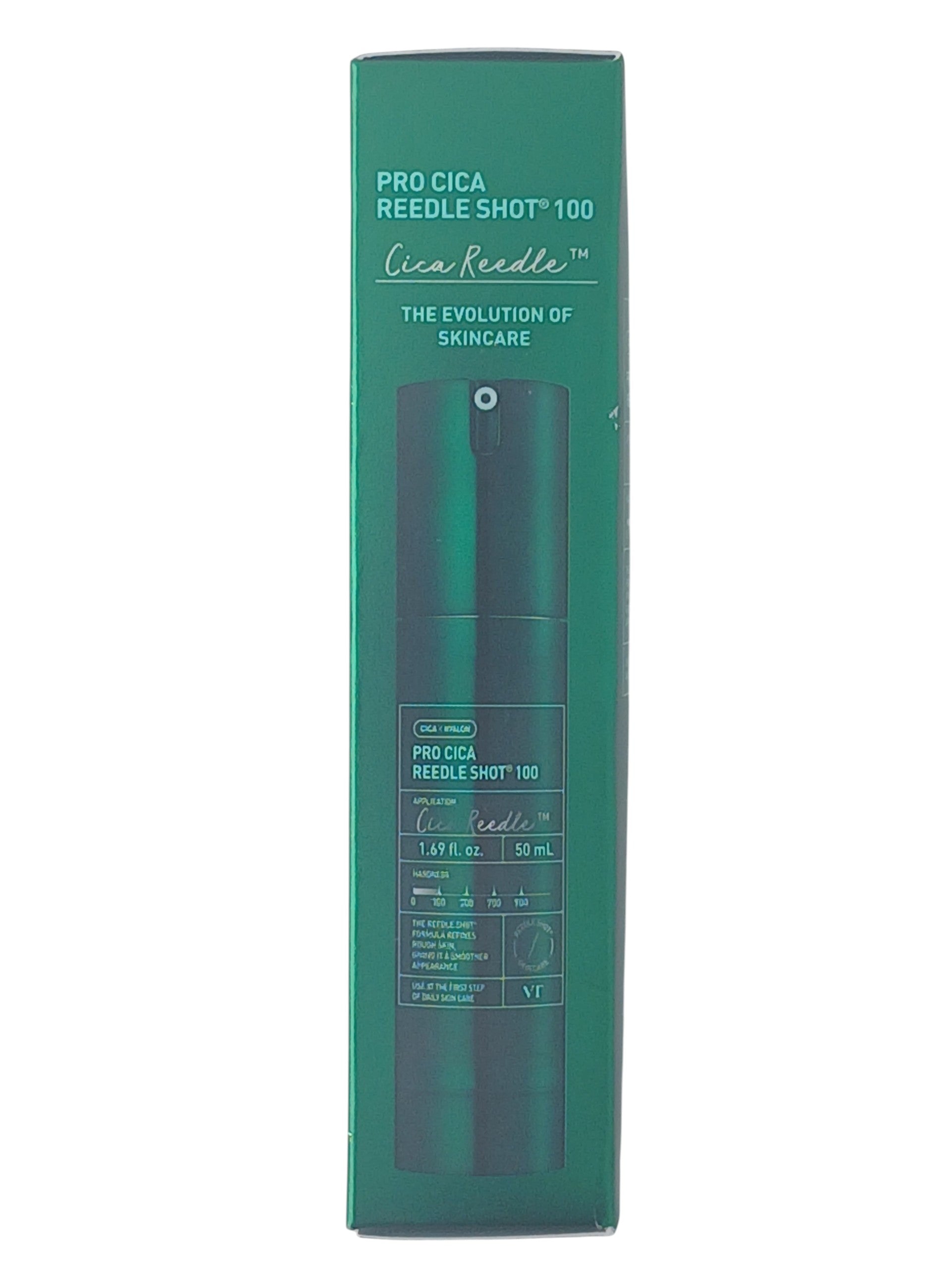 Department Store UK VT Pro Cica Reedle Shot 100 facial serum in a green 50ml pump bottle for skin texture refinement.