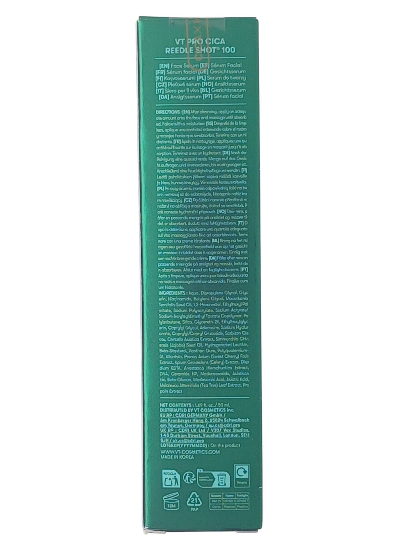 Department Store UK VT Pro Cica Reedle Shot 100 facial serum bottle showing ingredients and directions on the back
