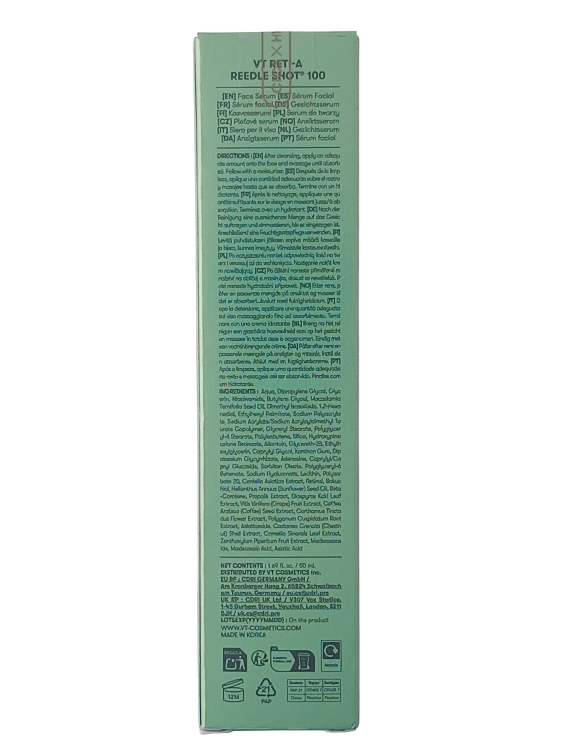 Department Store UK VT Ret-A Reedle Shot 100 facial serum bottle back view with ingredient list and directions