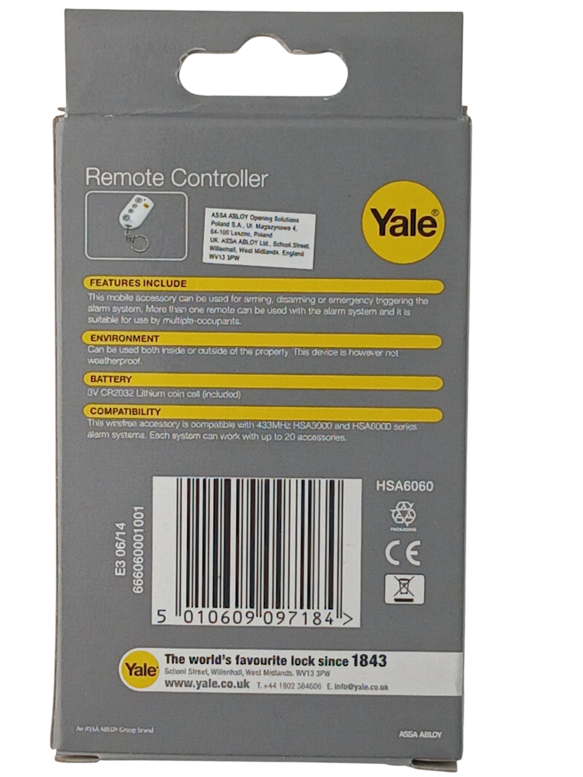 Department Store UK Yale wireless alarm system remote controller packaging back view with product specifications