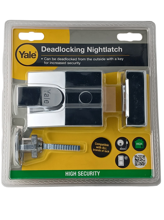Department Store UK Yale deadlocking nightlatch in polished chrome, high security door lock for wooden doors.