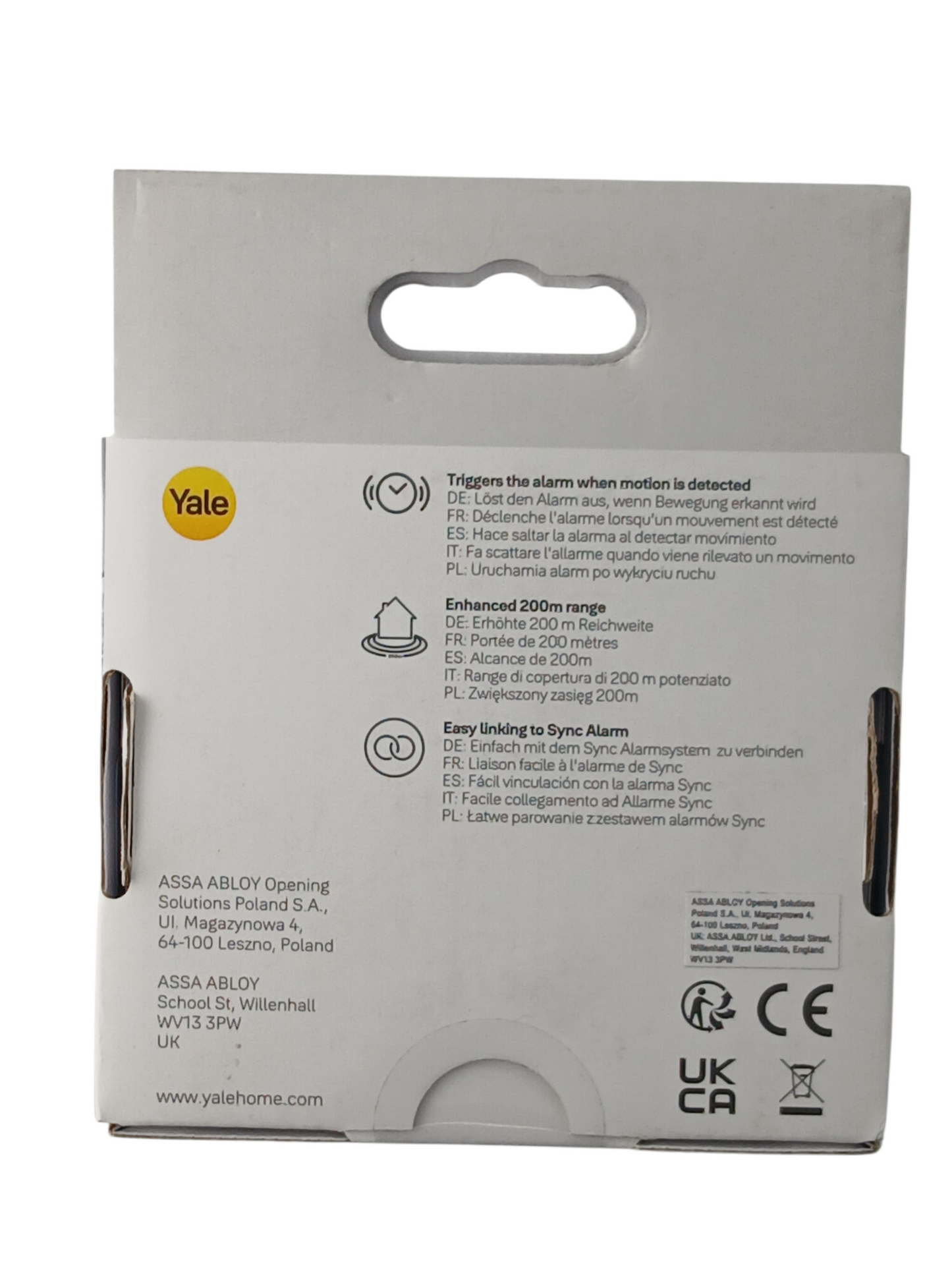 Department Store UK Yale smart home motion detector packaging back view showing features and technical information