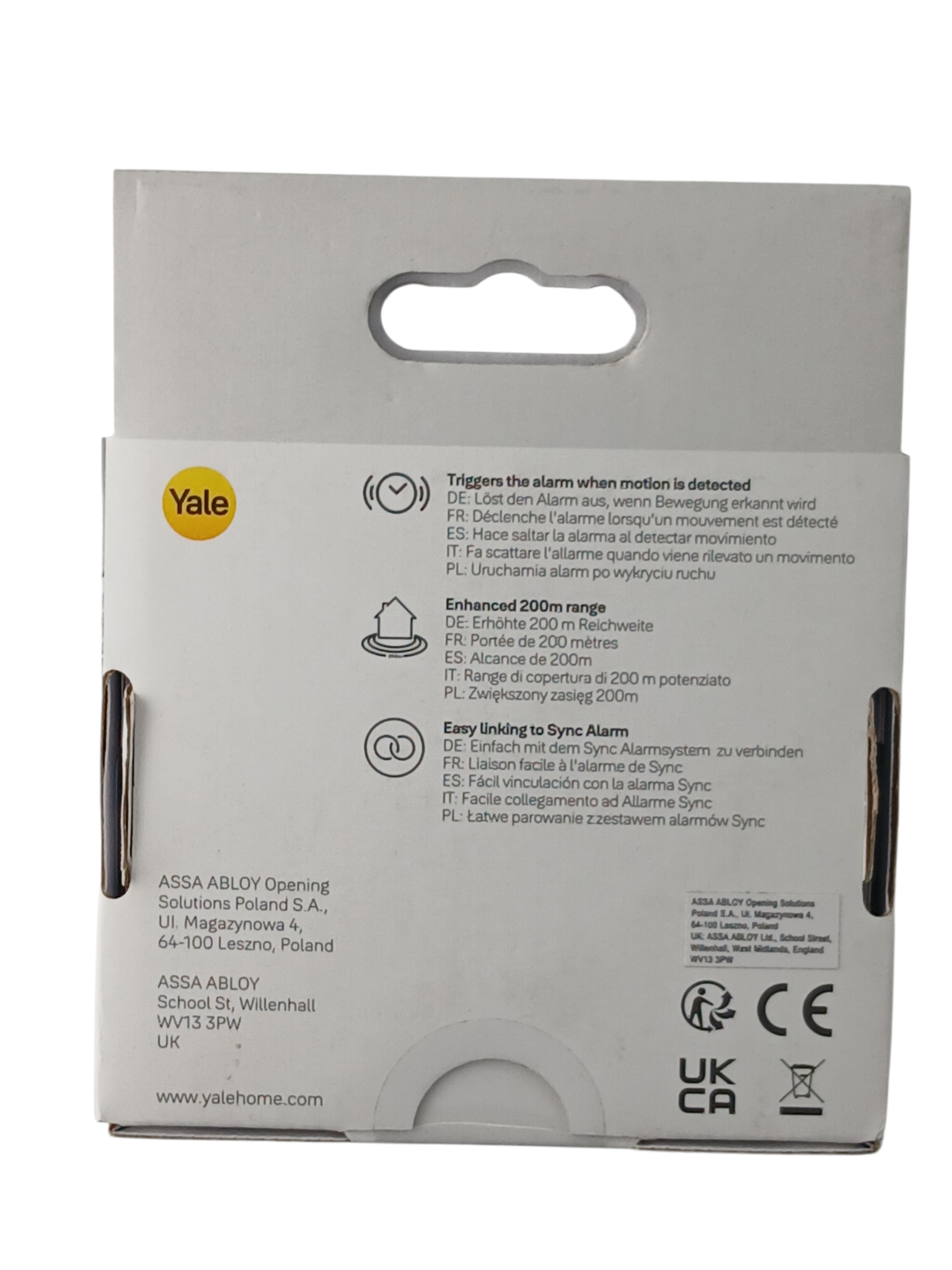Department Store UK Yale smart home motion detector packaging back view showing features and technical information