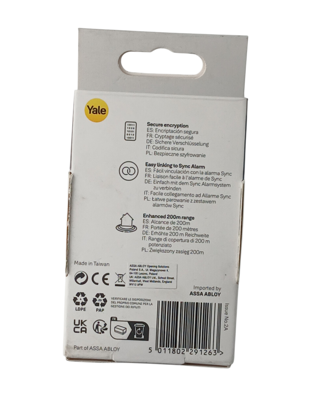 Department Store UK Yale smart door and window contact sensor packaging back view with technical specifications