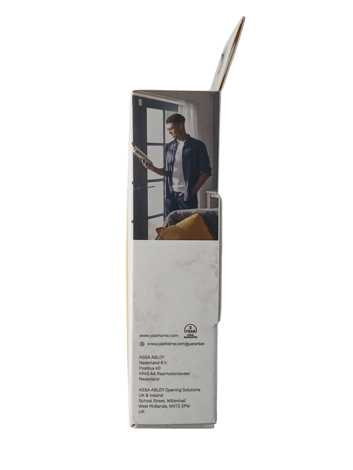 Department Store UK Yale smart door and window contact sensor packaging side view showing a man using a smart device