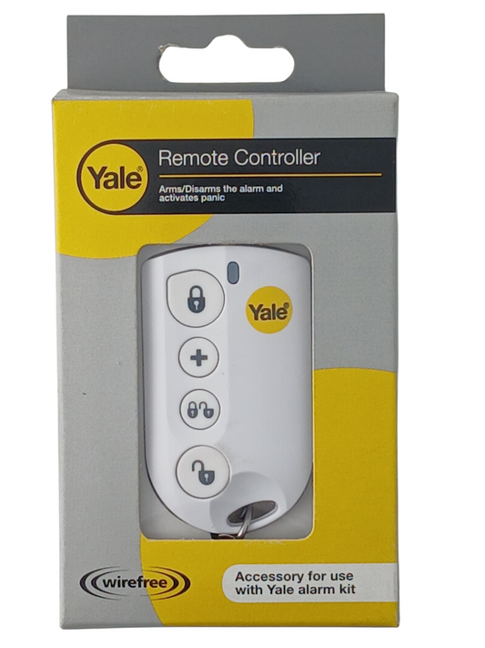 Department Store UK Yale wireless alarm remote controller in white packaging with arm, disarm, and panic buttons.