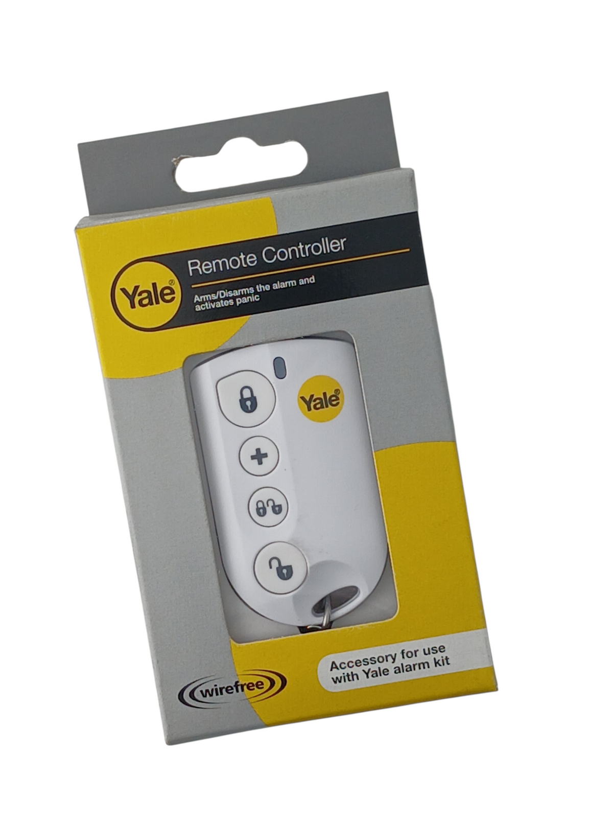 Department Store UK Yale wireless alarm remote controller in white packaging with arm, disarm, and panic buttons.