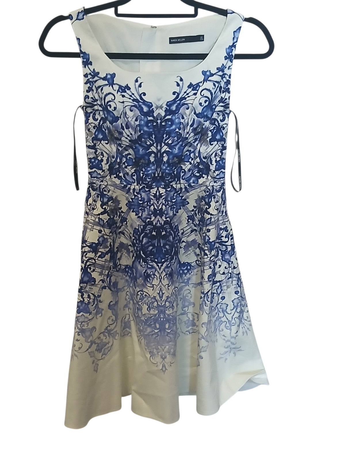 Department Store UK Karen Millen ivory blue porcelain print fit and flare dress detail view