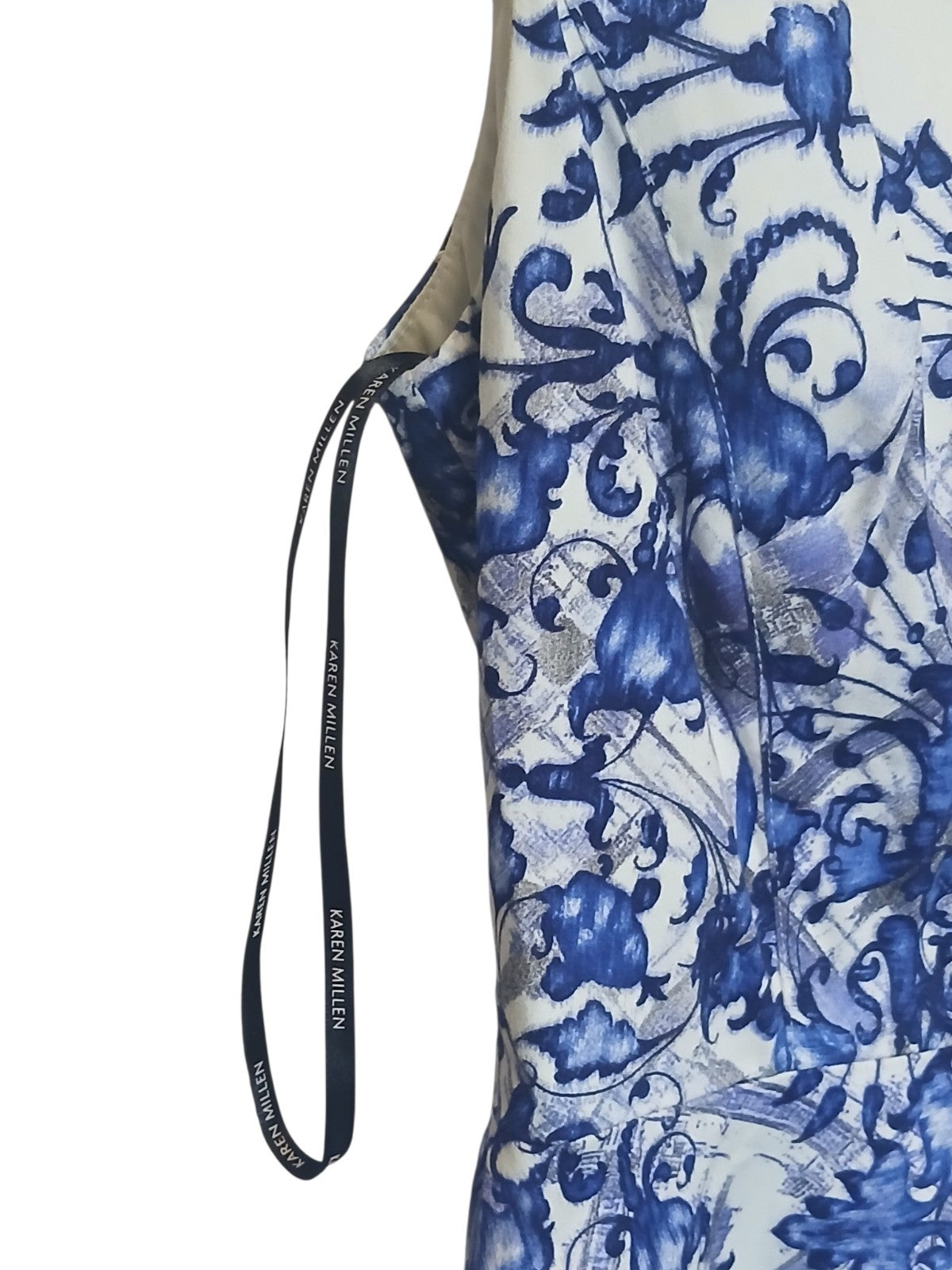 Department Store UK Karen Millen ivory blue porcelain print fit and flare dress detail view