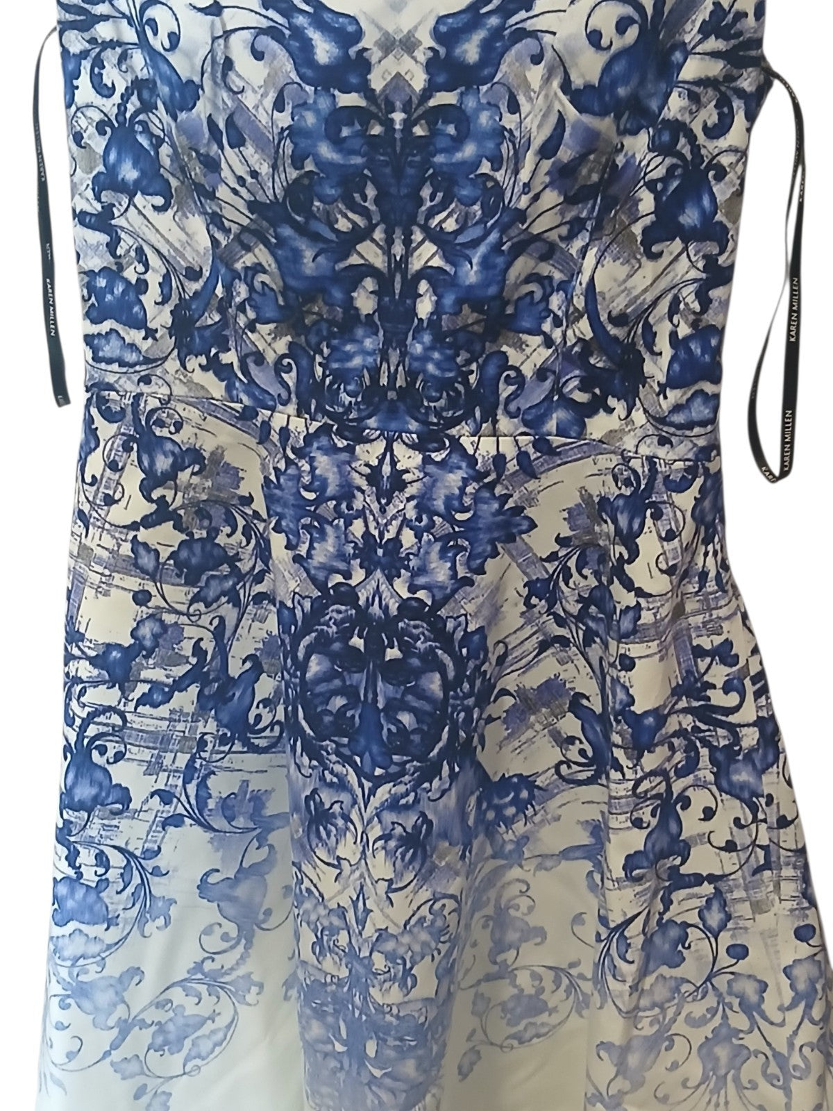Department Store UK Karen Millen ivory blue porcelain print fit and flare dress label detail