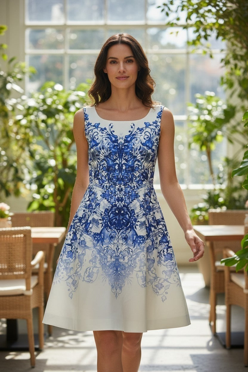 Department Store UK Karen Millen ivory blue porcelain print fit and flare dress detail view