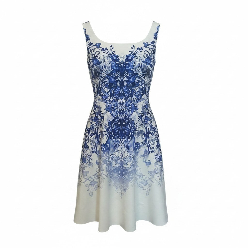 Department Store UK Karen Millen ivory blue porcelain print fit and flare dress, front view